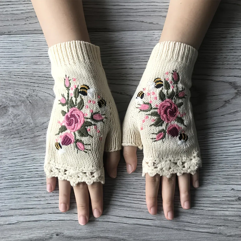 Håndbroderte hansker Strikkede hansker for kvinner Blomsterhansker